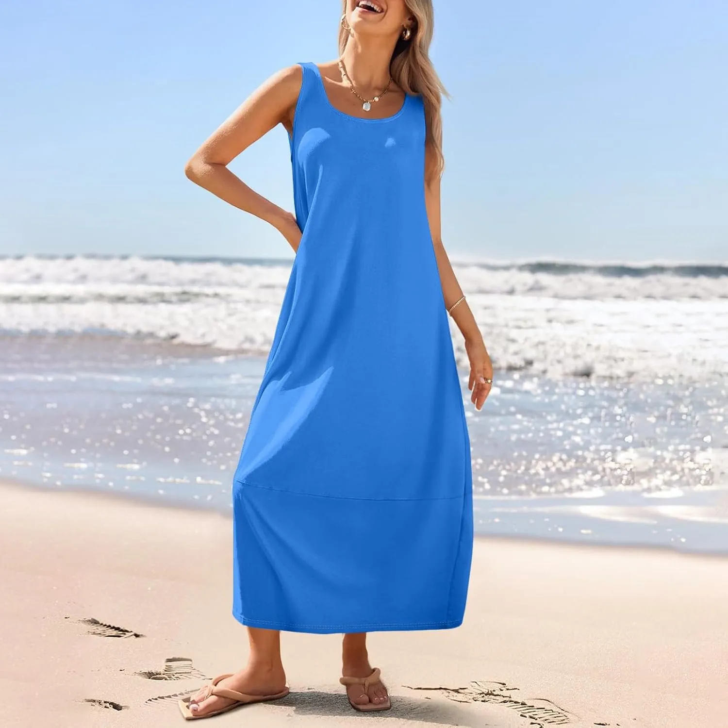 Women's Casual Maxi Sundress 2025 Summer Beach Long Dress Scoop Neck Sleeveless Loose Comfy Tank Dresses