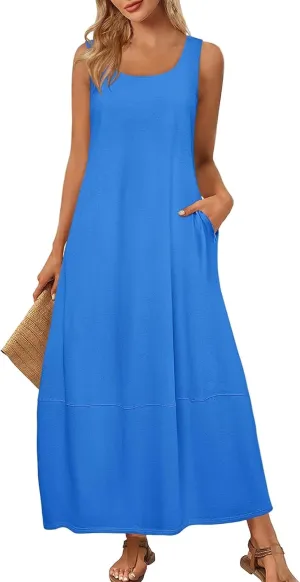 Women's Casual Maxi Sundress 2025 Summer Beach Long Dress Scoop Neck Sleeveless Loose Comfy Tank Dresses