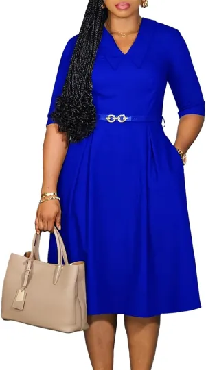 Womens Casual Plus Size Dresses Lapel Neck Short Sleeve A Line Pleated Elegant Wedding Guest Midi Dress