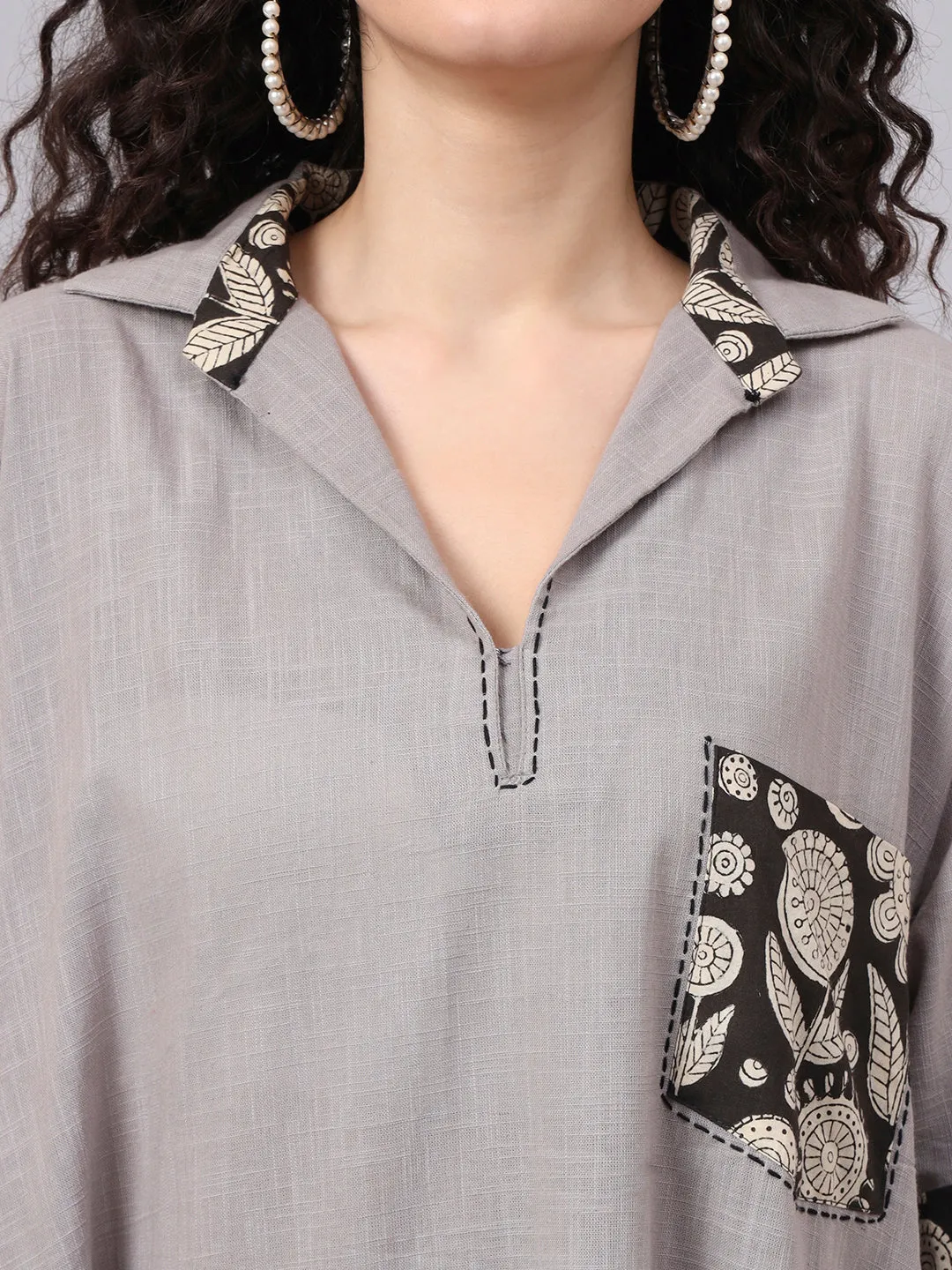 Womens Grey & Black Collared A-Line Cotton Dress | The Saffron Saga
