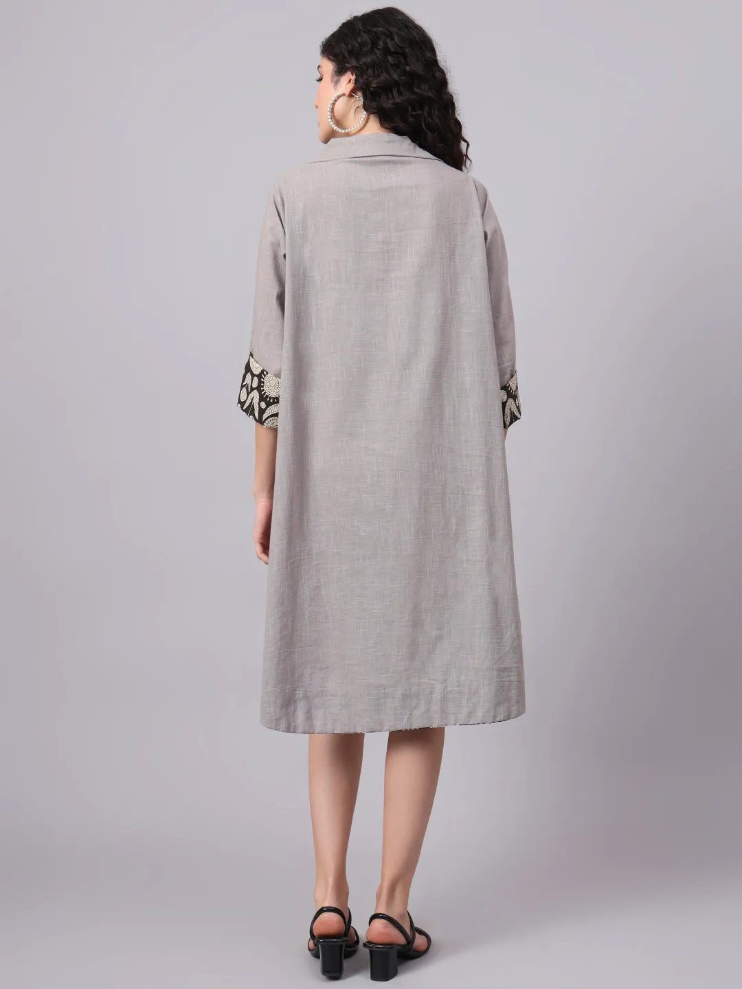 Womens Grey & Black Collared A-Line Cotton Dress | The Saffron Saga