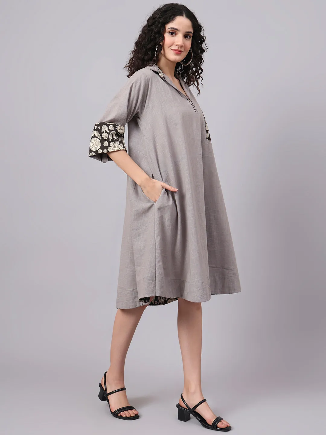 Womens Grey & Black Collared A-Line Cotton Dress | The Saffron Saga