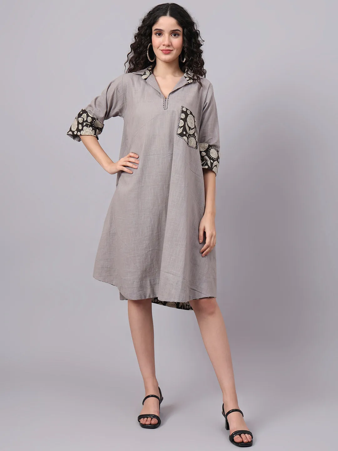 Womens Grey & Black Collared A-Line Cotton Dress | The Saffron Saga
