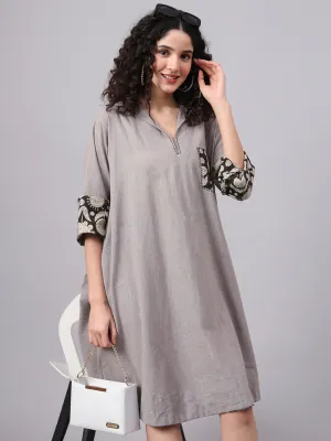 Womens Grey & Black Collared A-Line Cotton Dress | The Saffron Saga