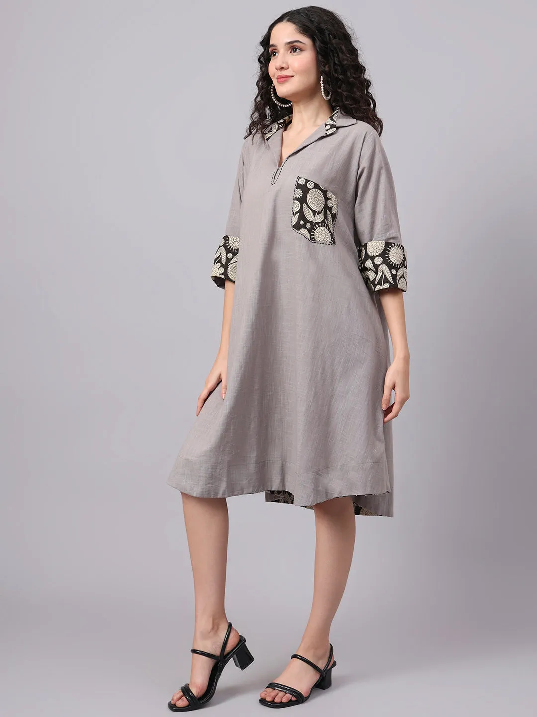 Womens Grey & Black Collared A-Line Cotton Dress | The Saffron Saga