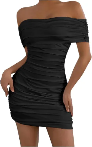 Womens Off The Shoulder Midi Dress Summer Casual Slim Fit Smocked Pleated Formal Party Evening Club Cocktail Dresses