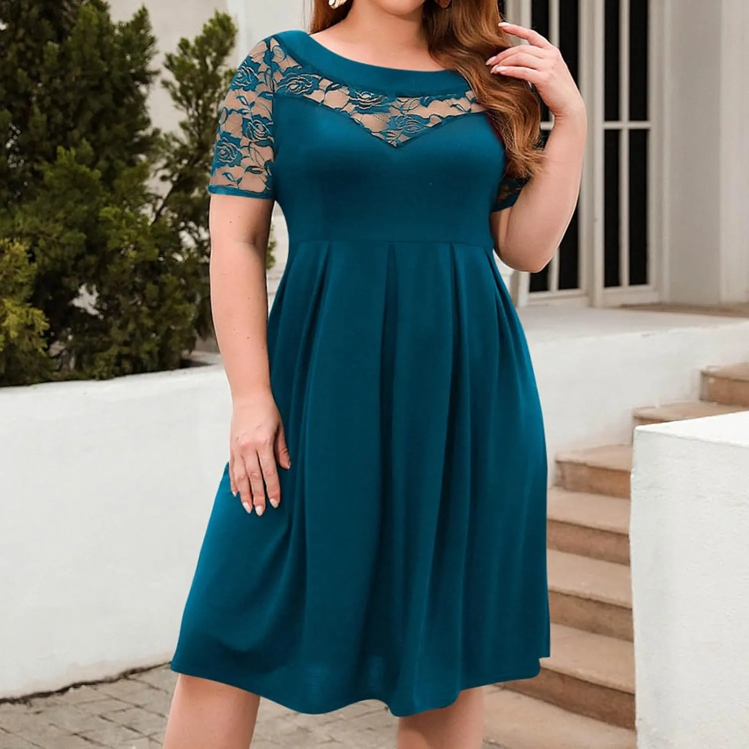 Women's Plus Size Short Sleeve Lace Midi Dress Pleated Casual Summer Flowy Midi Dresses with Pockets