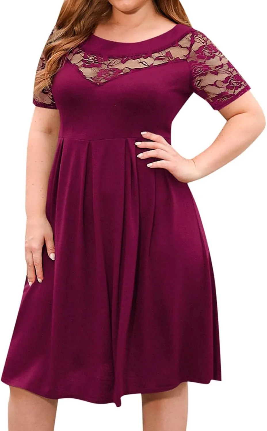 Women's Plus Size Short Sleeve Lace Midi Dress Pleated Casual Summer Flowy Midi Dresses with Pockets