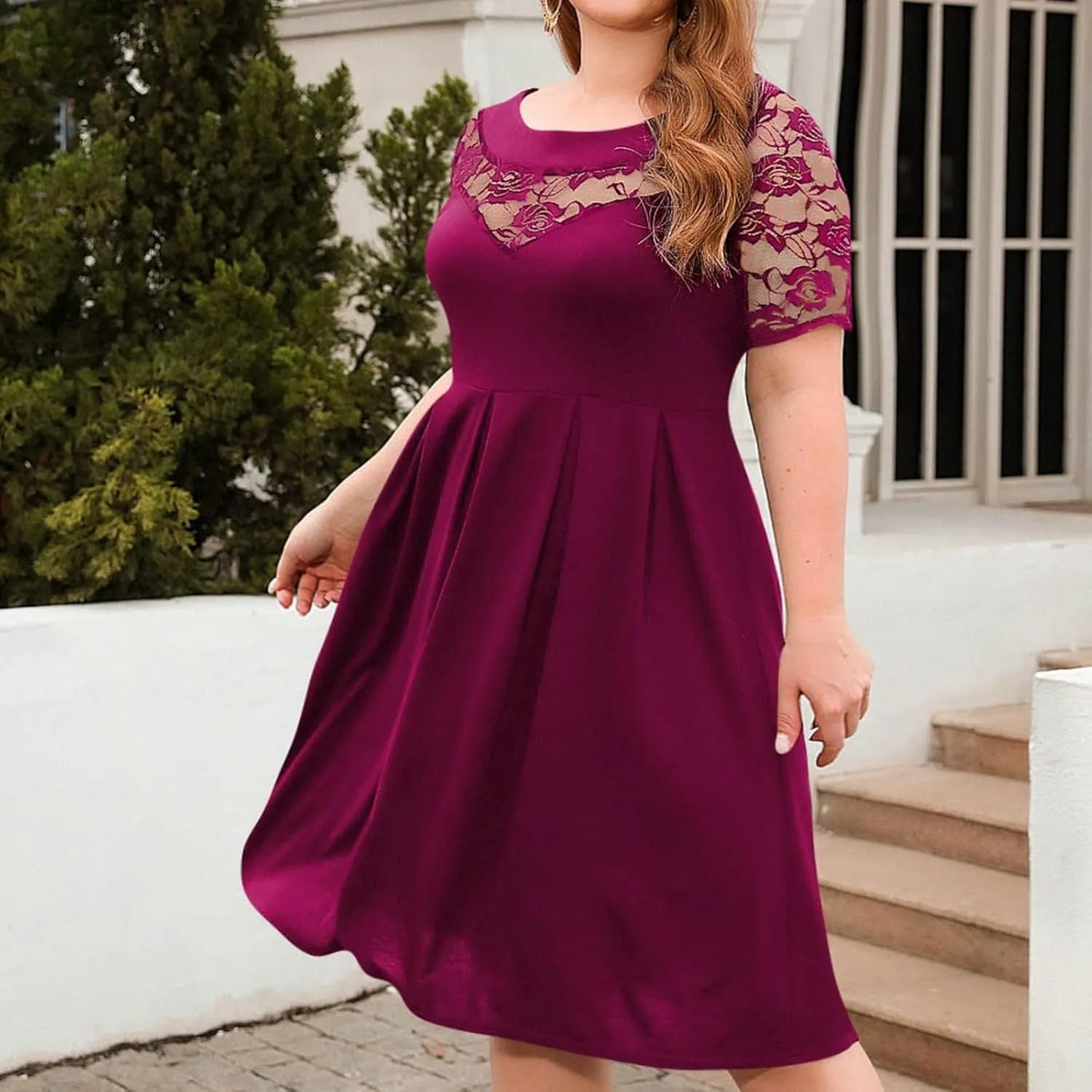 Women's Plus Size Short Sleeve Lace Midi Dress Pleated Casual Summer Flowy Midi Dresses with Pockets