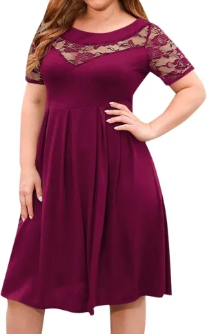 Women's Plus Size Short Sleeve Lace Midi Dress Pleated Casual Summer Flowy Midi Dresses with Pockets
