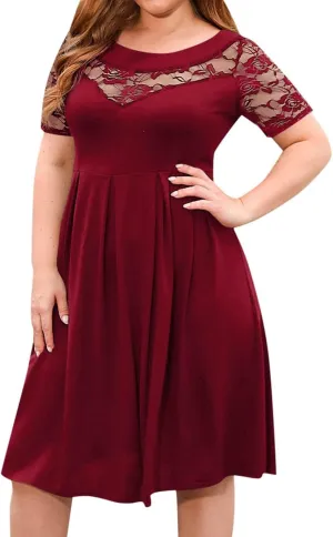 Women's Plus Size Short Sleeve Lace Midi Dress Pleated Casual Summer Flowy Midi Dresses with Pockets