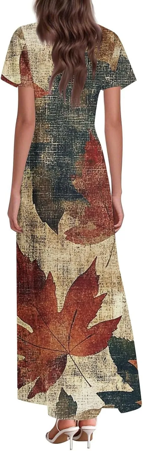 Women's Summer Maxi Dresses Flowy Elegant Casual Floral Bohemian Ruffle Sleeve V Neck Beach Vacation Swing Sundress