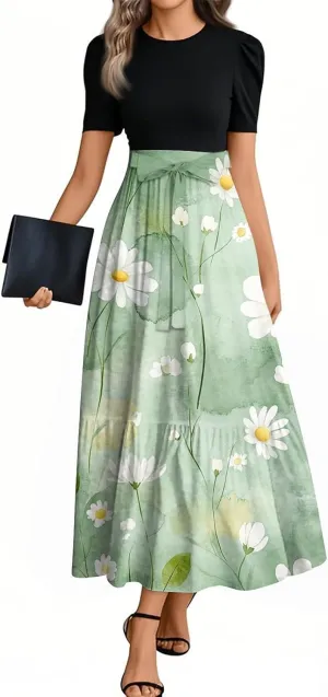 Women's Summer Short Sleeve Maxi Dress 2025 Casual Crewneck Pleated A Line Flowy Long Dresses