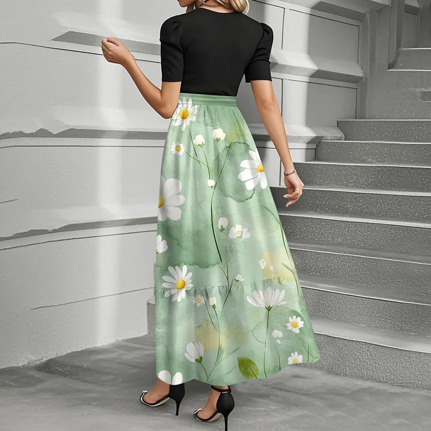 Women's Summer Short Sleeve Maxi Dress 2025 Casual Crewneck Pleated A Line Flowy Long Dresses