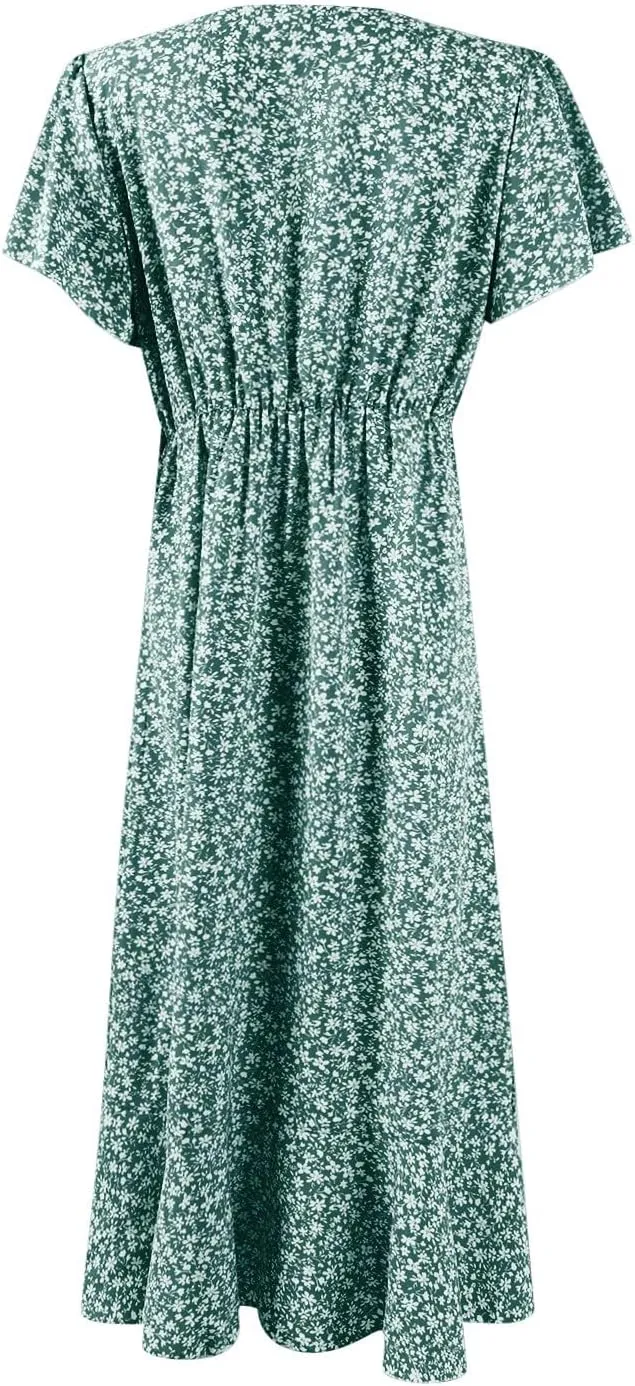 Womens Summer Wrap Floral Midi Dress V Neck Short Sleeve Beach Sundresses A-Line Boho Flowy Vacation Dresses