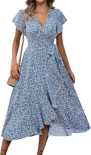 Womens Summer Wrap Floral Midi Dress V Neck Short Sleeve Beach Sundresses A-Line Boho Flowy Vacation Dresses