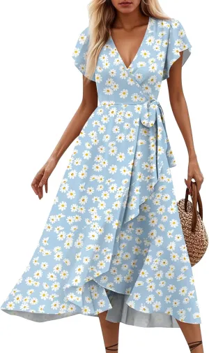 Womens Summer Wrap Floral Midi Dress V Neck Short Sleeve Beach Sundresses A-Line Boho Flowy Vacation Dresses