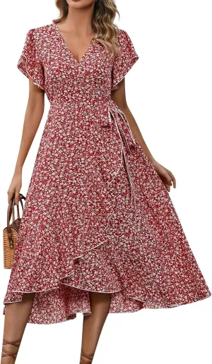 Womens Summer Wrap Floral Midi Dress V Neck Short Sleeve Beach Sundresses A-Line Boho Flowy Vacation Dresses
