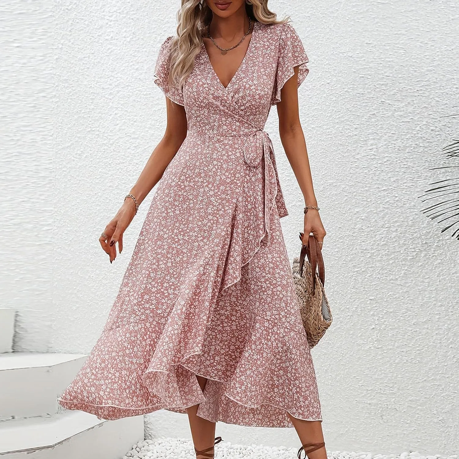 Womens Summer Wrap Floral Midi Dress V Neck Short Sleeve Beach Sundresses A-Line Boho Flowy Vacation Dresses