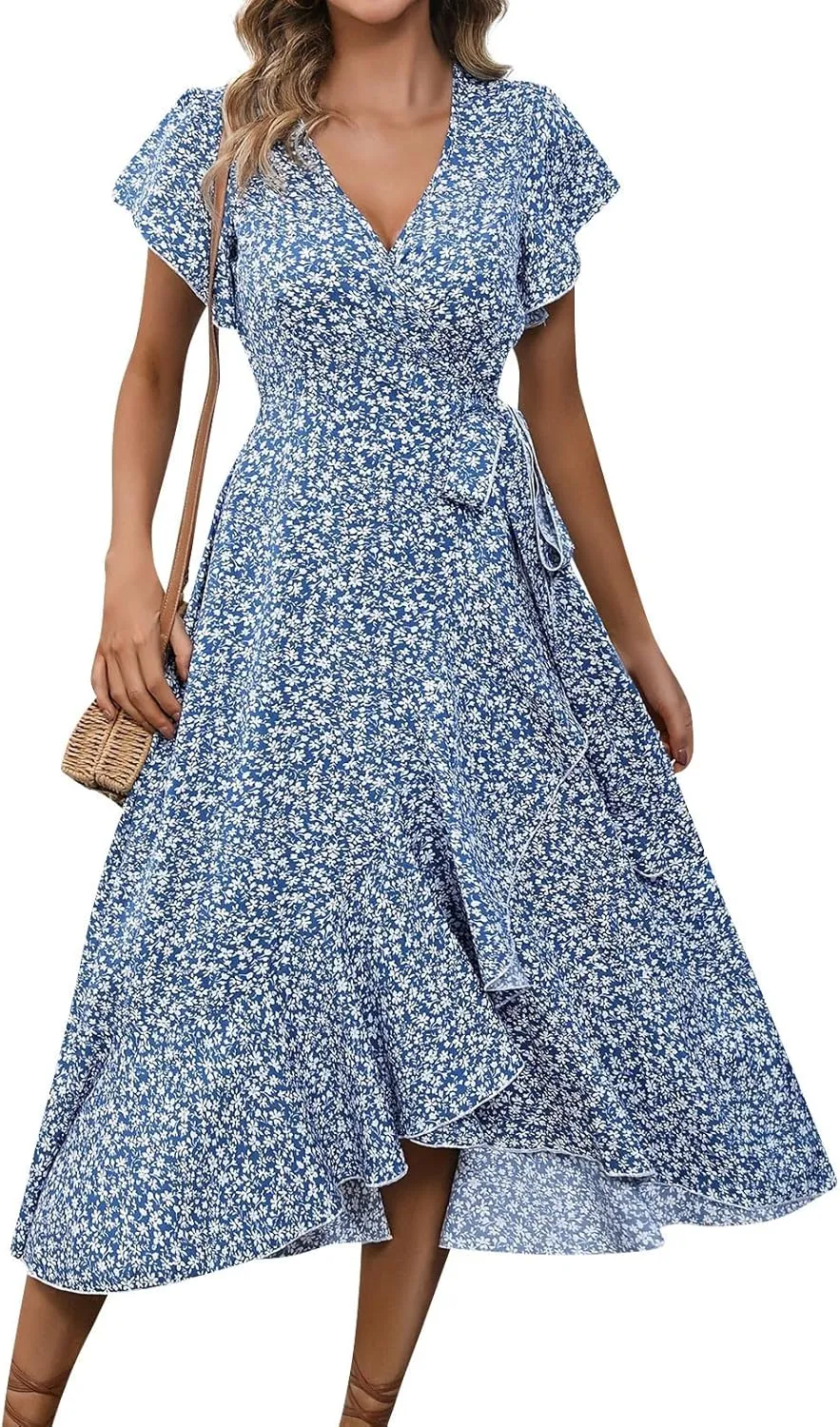 Womens Summer Wrap Floral Midi Dress V Neck Short Sleeve Beach Sundresses A-Line Boho Flowy Vacation Dresses