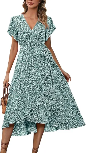 Womens Summer Wrap Floral Midi Dress V Neck Short Sleeve Beach Sundresses A-Line Boho Flowy Vacation Dresses