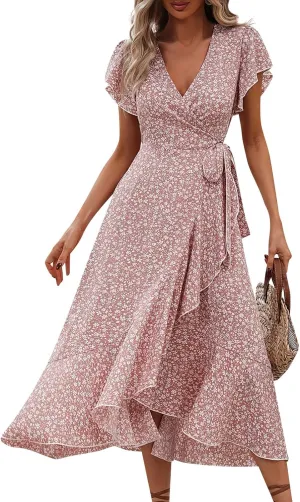 Womens Summer Wrap Floral Midi Dress V Neck Short Sleeve Beach Sundresses A-Line Boho Flowy Vacation Dresses