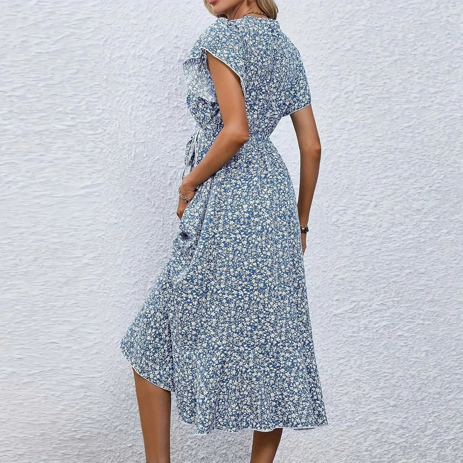 Womens Summer Wrap Floral Midi Dress V Neck Short Sleeve Beach Sundresses A-Line Boho Flowy Vacation Dresses