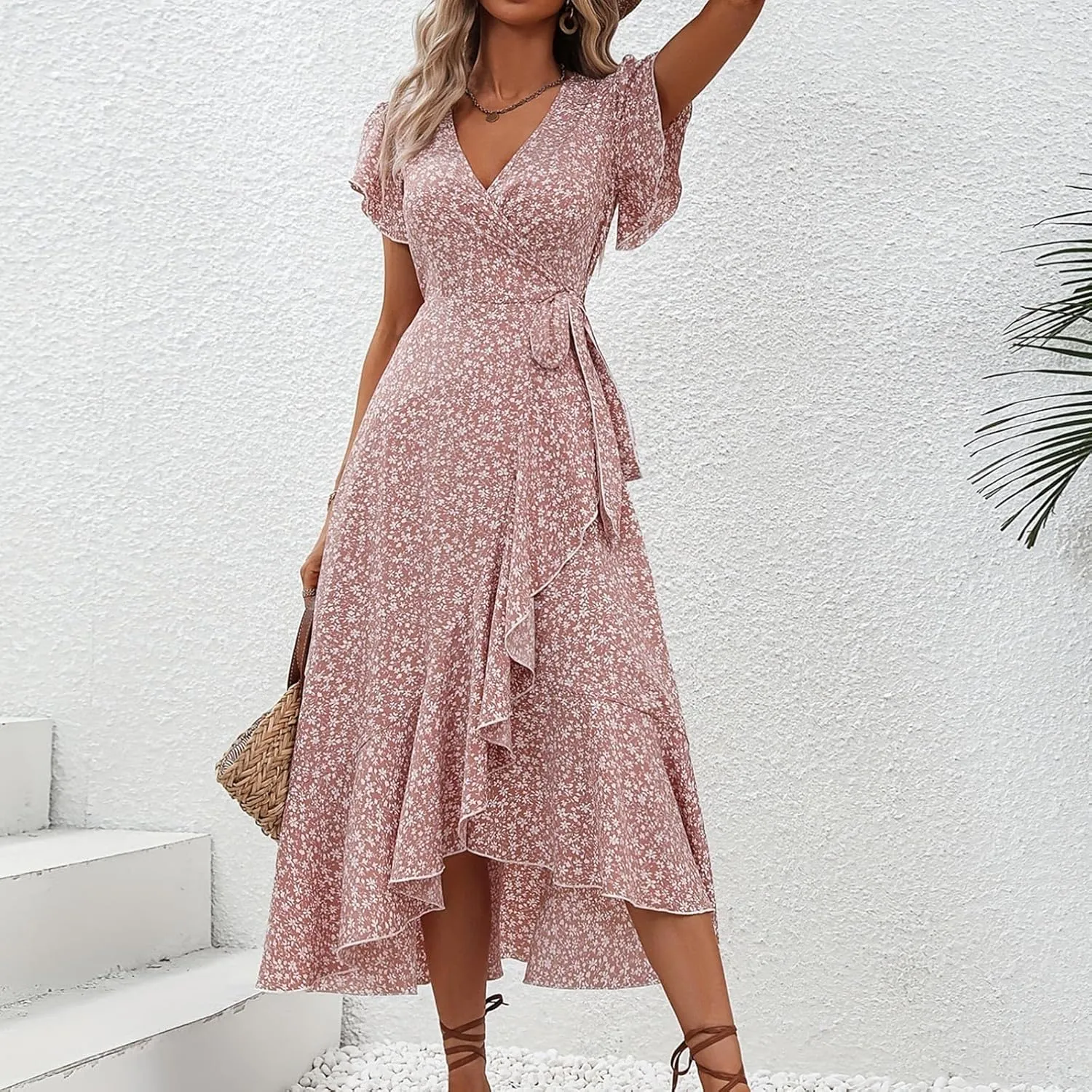 Womens Summer Wrap Floral Midi Dress V Neck Short Sleeve Beach Sundresses A-Line Boho Flowy Vacation Dresses