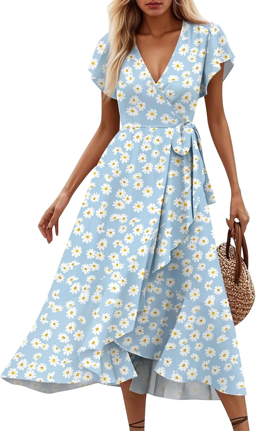 Womens Summer Wrap Floral Midi Dress V Neck Short Sleeve Beach Sundresses A-Line Boho Flowy Vacation Dresses