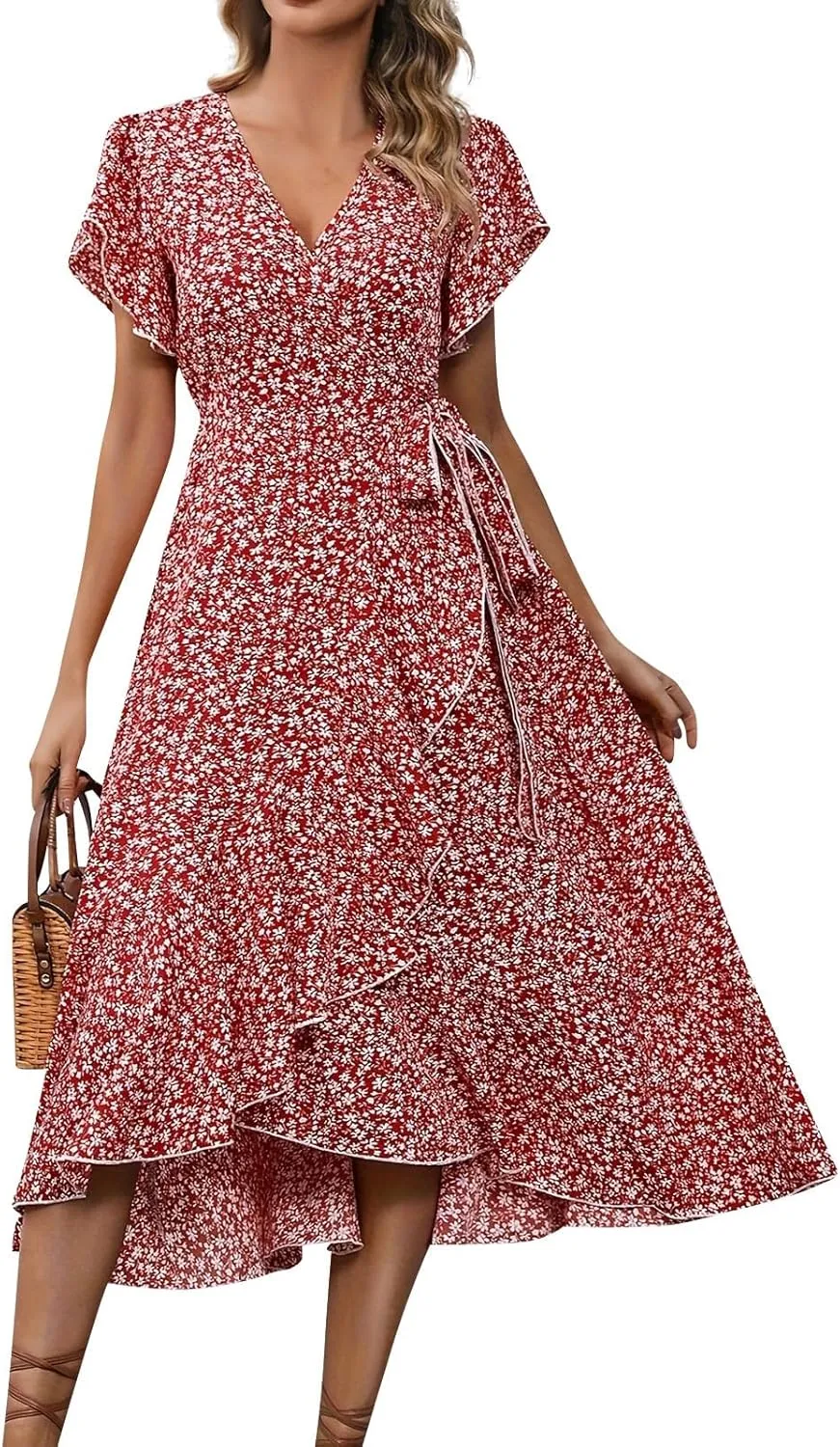 Womens Summer Wrap Floral Midi Dress V Neck Short Sleeve Beach Sundresses A-Line Boho Flowy Vacation Dresses