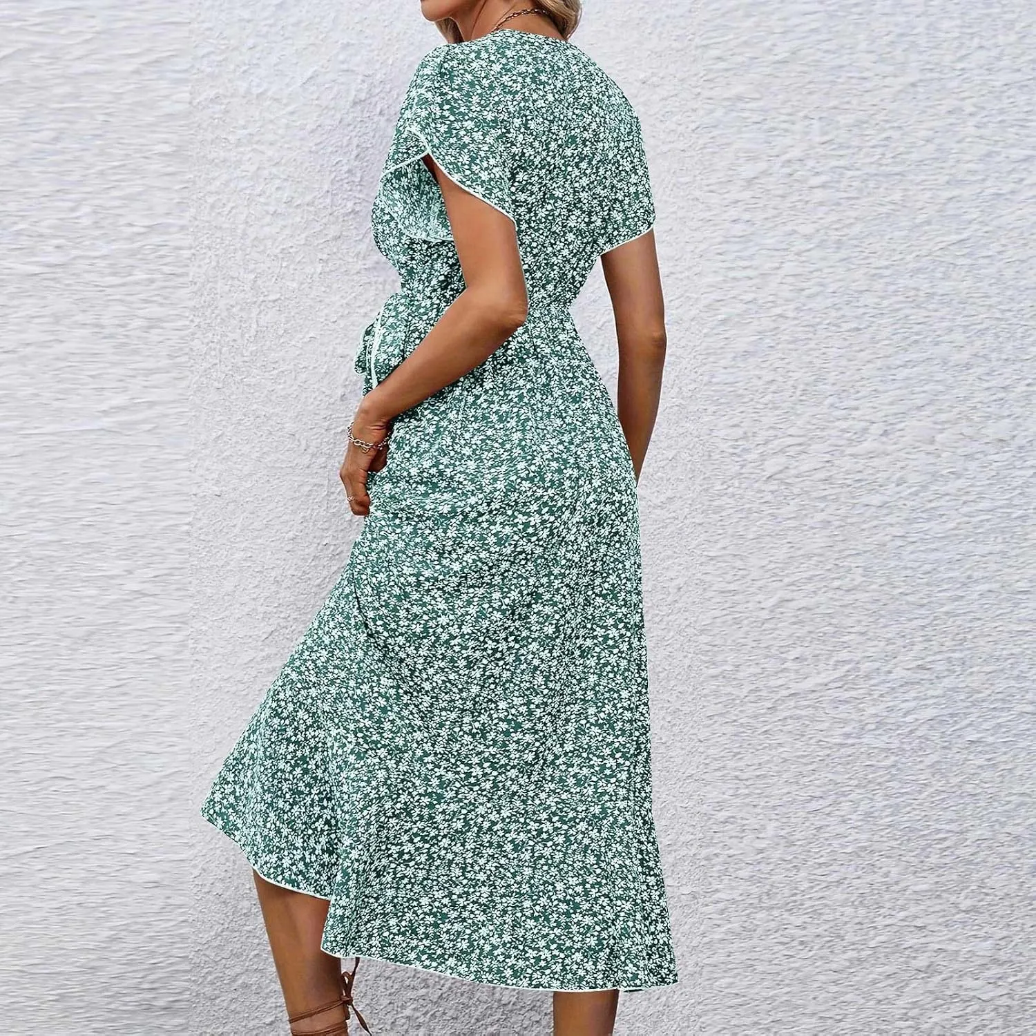 Womens Summer Wrap Floral Midi Dress V Neck Short Sleeve Beach Sundresses A-Line Boho Flowy Vacation Dresses