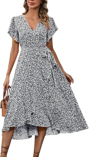 Womens Summer Wrap Floral Midi Dress V Neck Short Sleeve Beach Sundresses A-Line Boho Flowy Vacation Dresses
