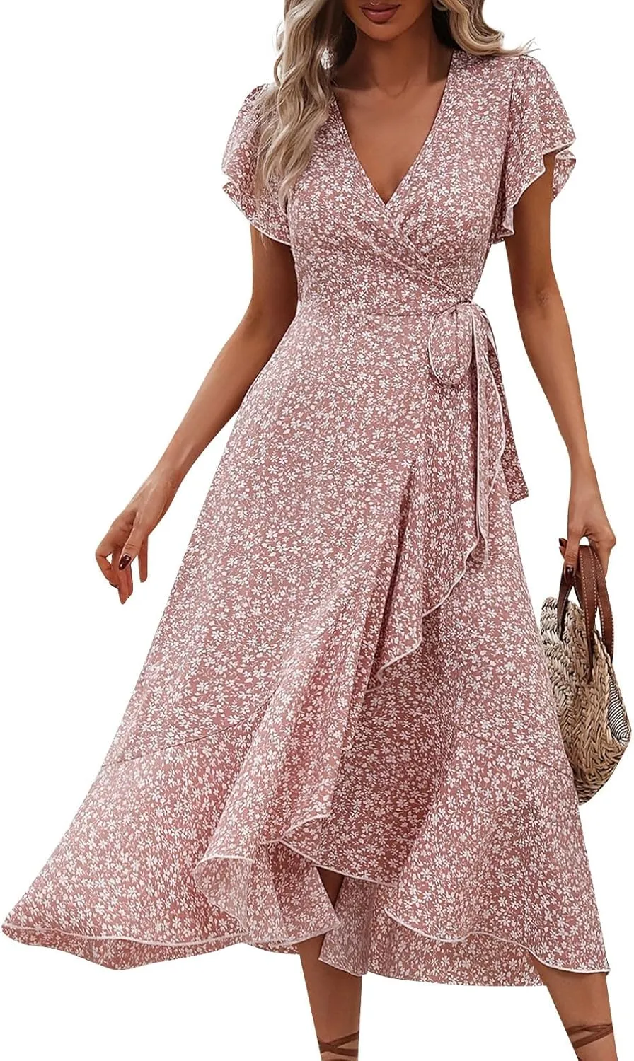 Womens Summer Wrap Floral Midi Dress V Neck Short Sleeve Beach Sundresses A-Line Boho Flowy Vacation Dresses