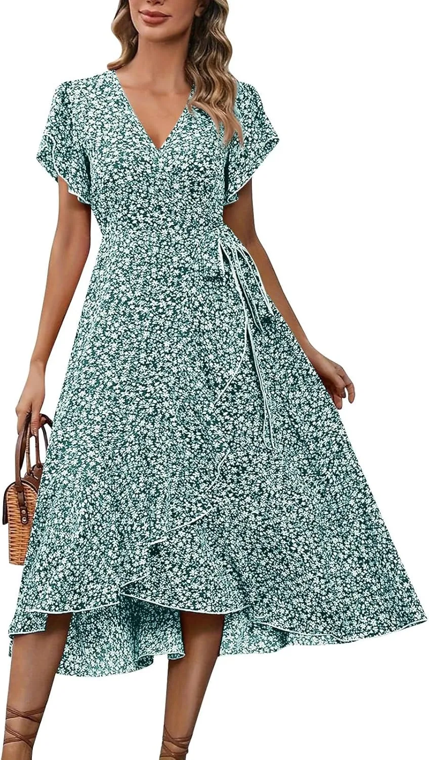 Womens Summer Wrap Floral Midi Dress V Neck Short Sleeve Beach Sundresses A-Line Boho Flowy Vacation Dresses