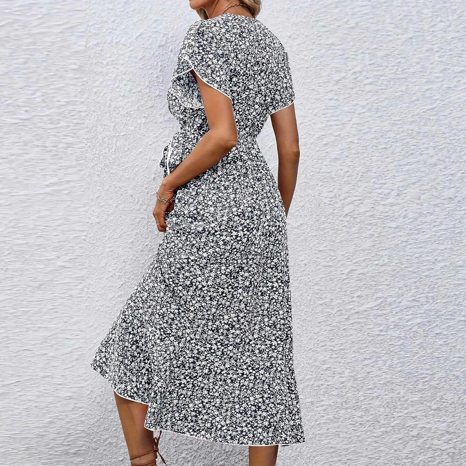 Womens Summer Wrap Floral Midi Dress V Neck Short Sleeve Beach Sundresses A-Line Boho Flowy Vacation Dresses