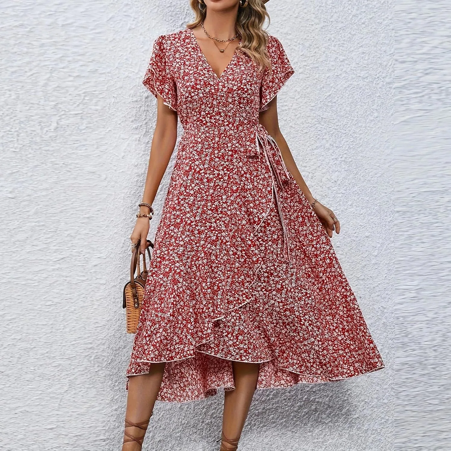 Womens Summer Wrap Floral Midi Dress V Neck Short Sleeve Beach Sundresses A-Line Boho Flowy Vacation Dresses