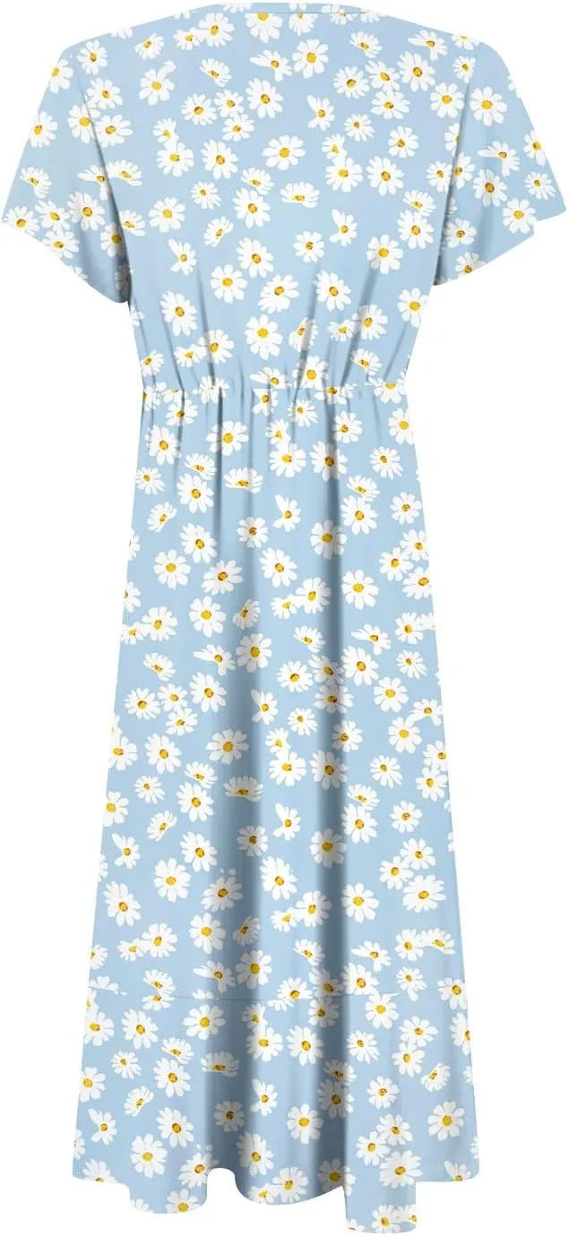 Womens Summer Wrap Floral Midi Dress V Neck Short Sleeve Beach Sundresses A-Line Boho Flowy Vacation Dresses