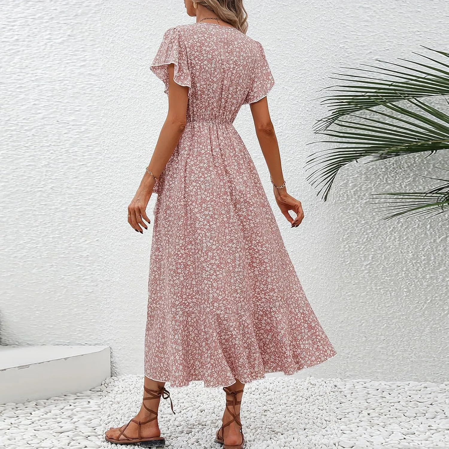 Womens Summer Wrap Floral Midi Dress V Neck Short Sleeve Beach Sundresses A-Line Boho Flowy Vacation Dresses