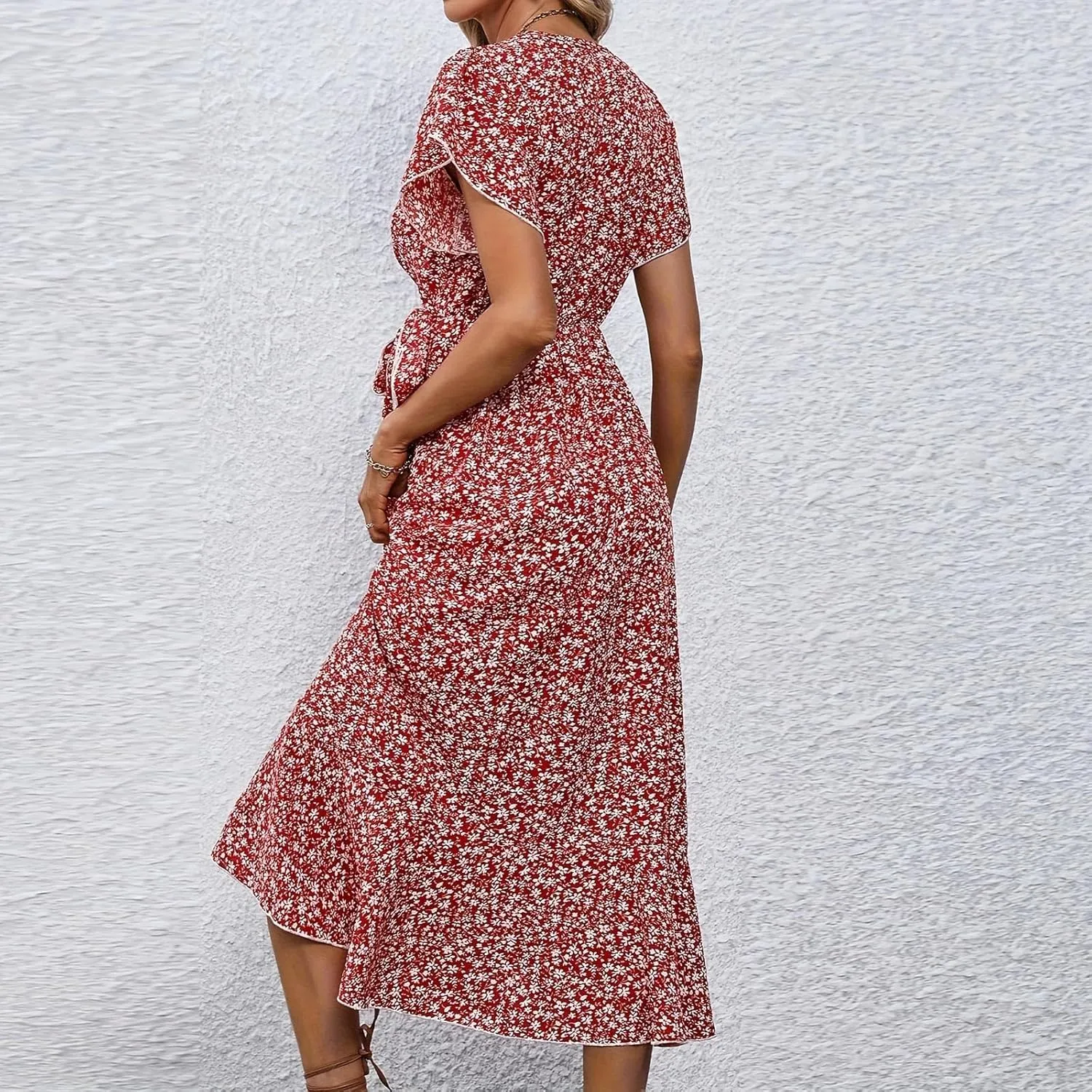 Womens Summer Wrap Floral Midi Dress V Neck Short Sleeve Beach Sundresses A-Line Boho Flowy Vacation Dresses