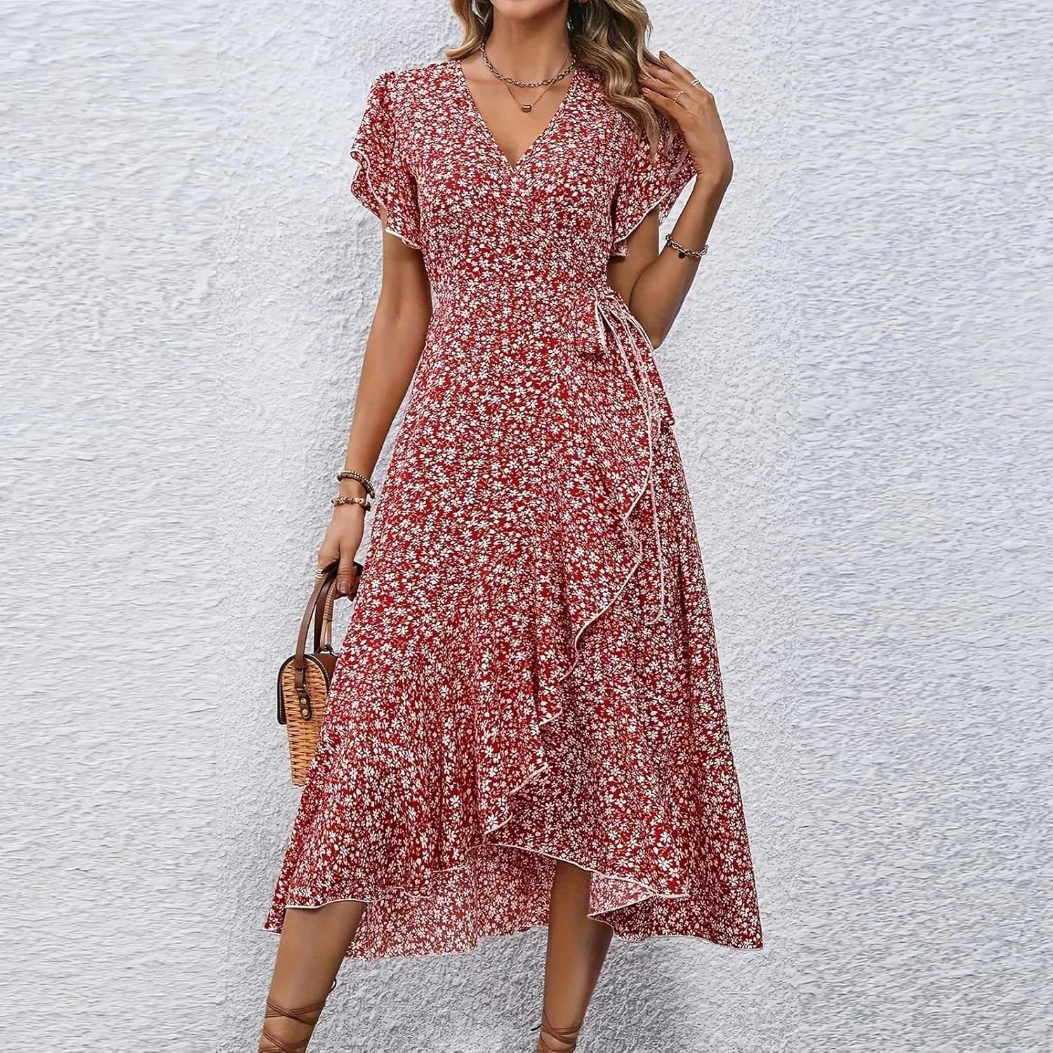 Womens Summer Wrap Floral Midi Dress V Neck Short Sleeve Beach Sundresses A-Line Boho Flowy Vacation Dresses