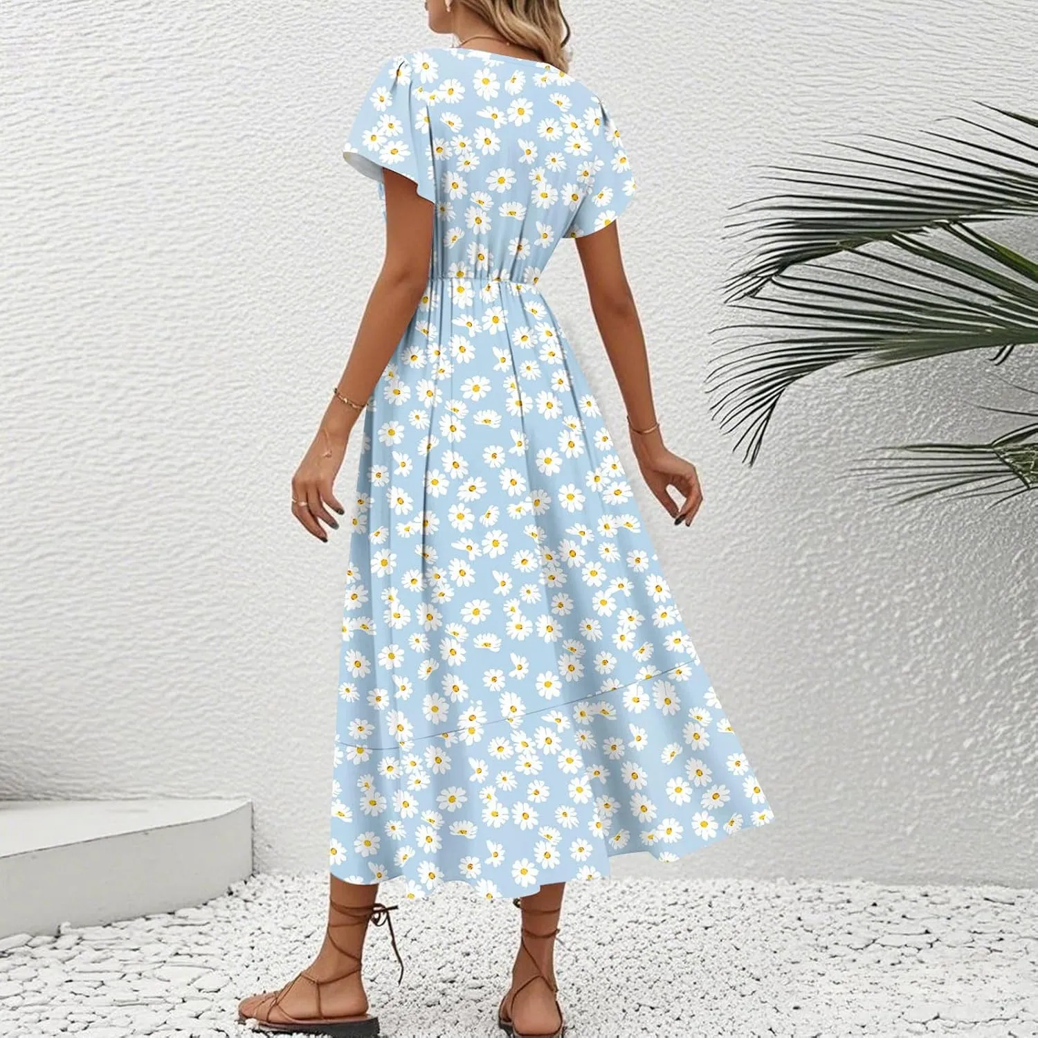 Womens Summer Wrap Floral Midi Dress V Neck Short Sleeve Beach Sundresses A-Line Boho Flowy Vacation Dresses
