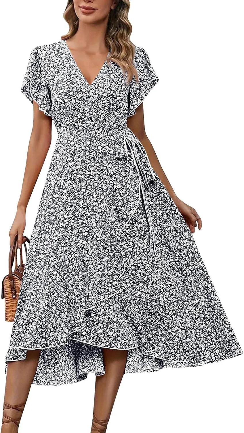 Womens Summer Wrap Floral Midi Dress V Neck Short Sleeve Beach Sundresses A-Line Boho Flowy Vacation Dresses