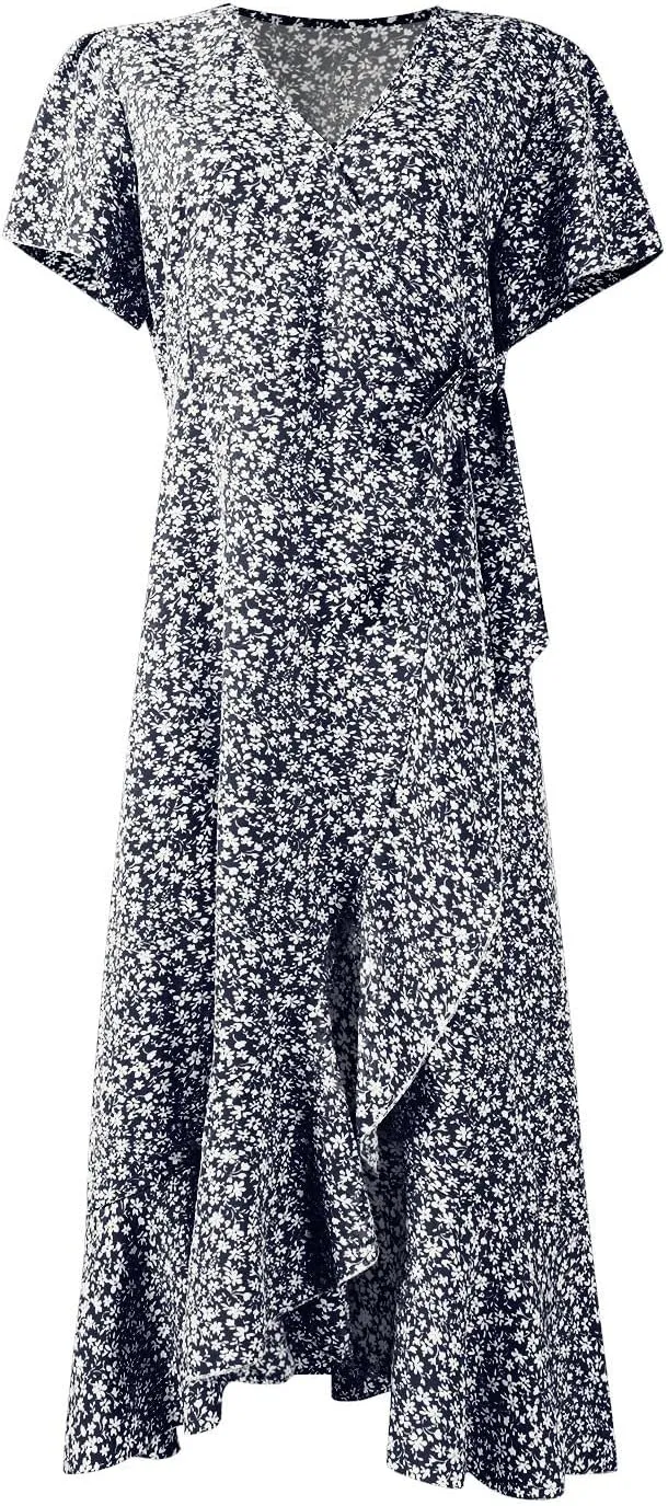 Womens Summer Wrap Floral Midi Dress V Neck Short Sleeve Beach Sundresses A-Line Boho Flowy Vacation Dresses