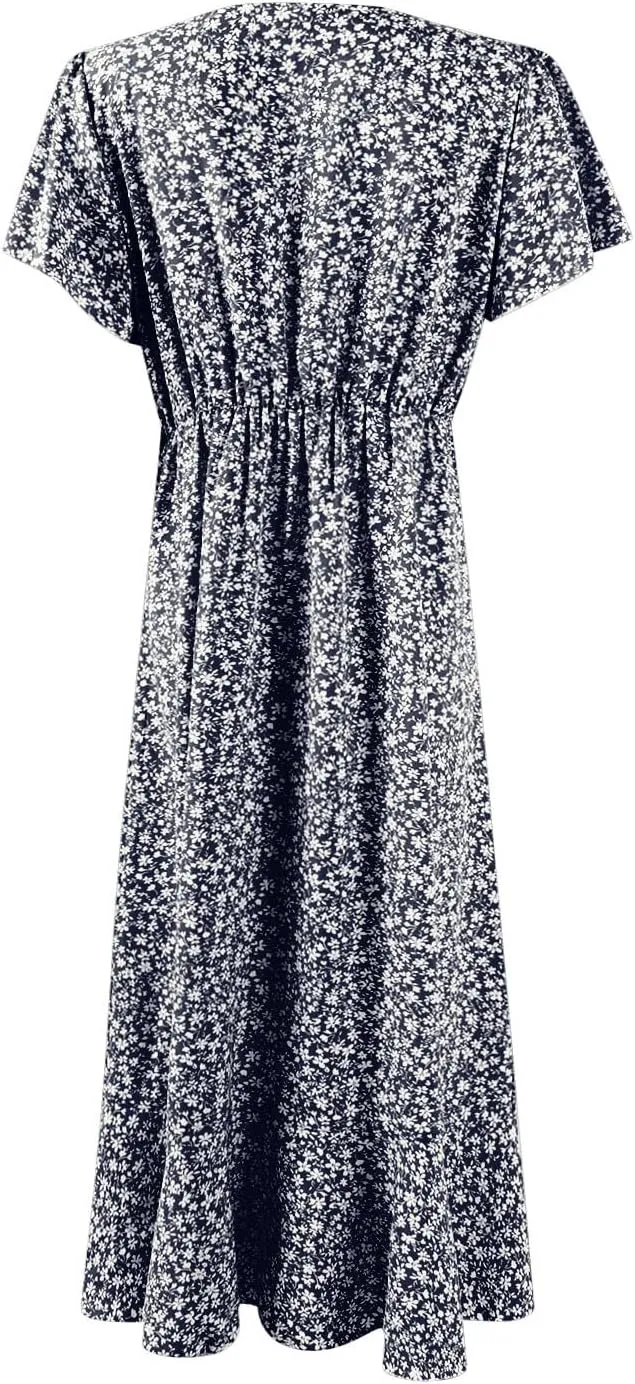Womens Summer Wrap Floral Midi Dress V Neck Short Sleeve Beach Sundresses A-Line Boho Flowy Vacation Dresses