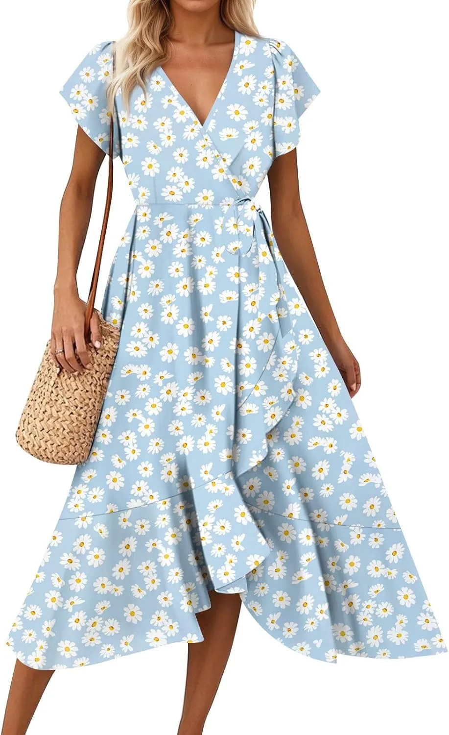 Womens Summer Wrap Floral Midi Dress V Neck Short Sleeve Beach Sundresses A-Line Boho Flowy Vacation Dresses