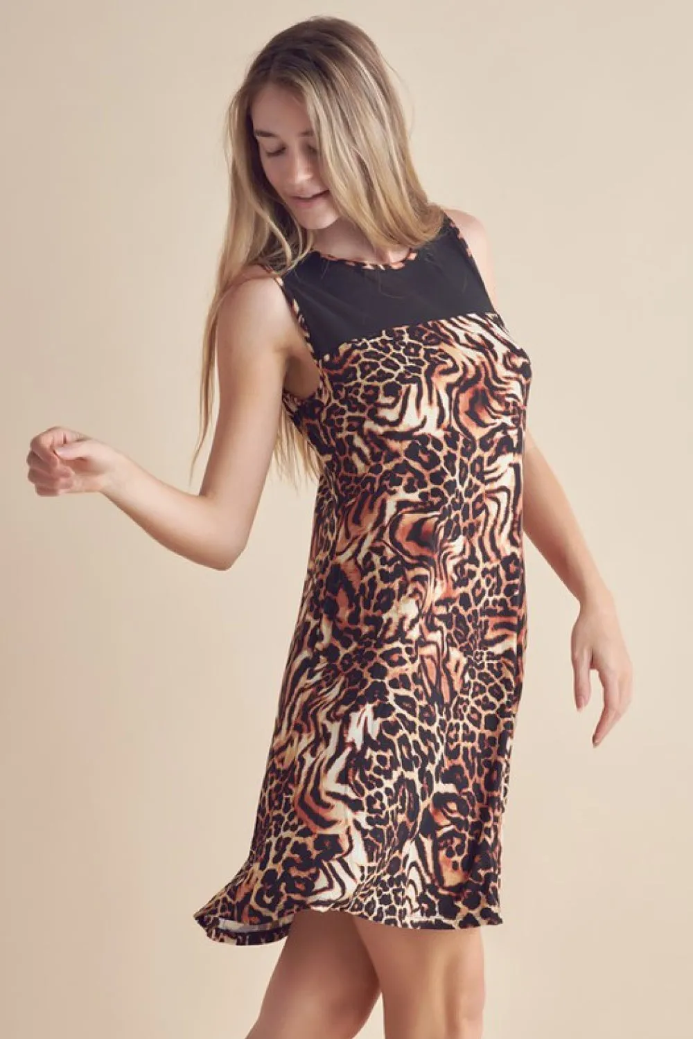 Yelete Full Size Animal Print Round Neck Sleeveless Dress with Pockets